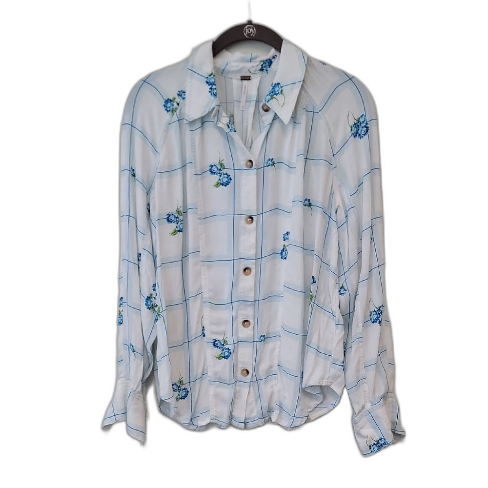 Free People Women's XS White Blue Plaid Shirt Cottagecore Coastal Floral Top